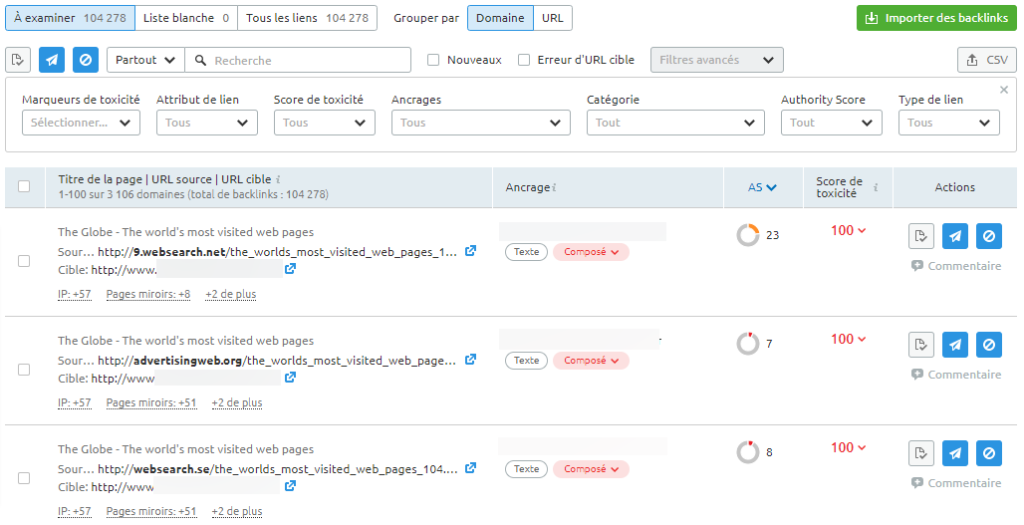 Détail de backlinks indiqués comme toxiques - SEMrush