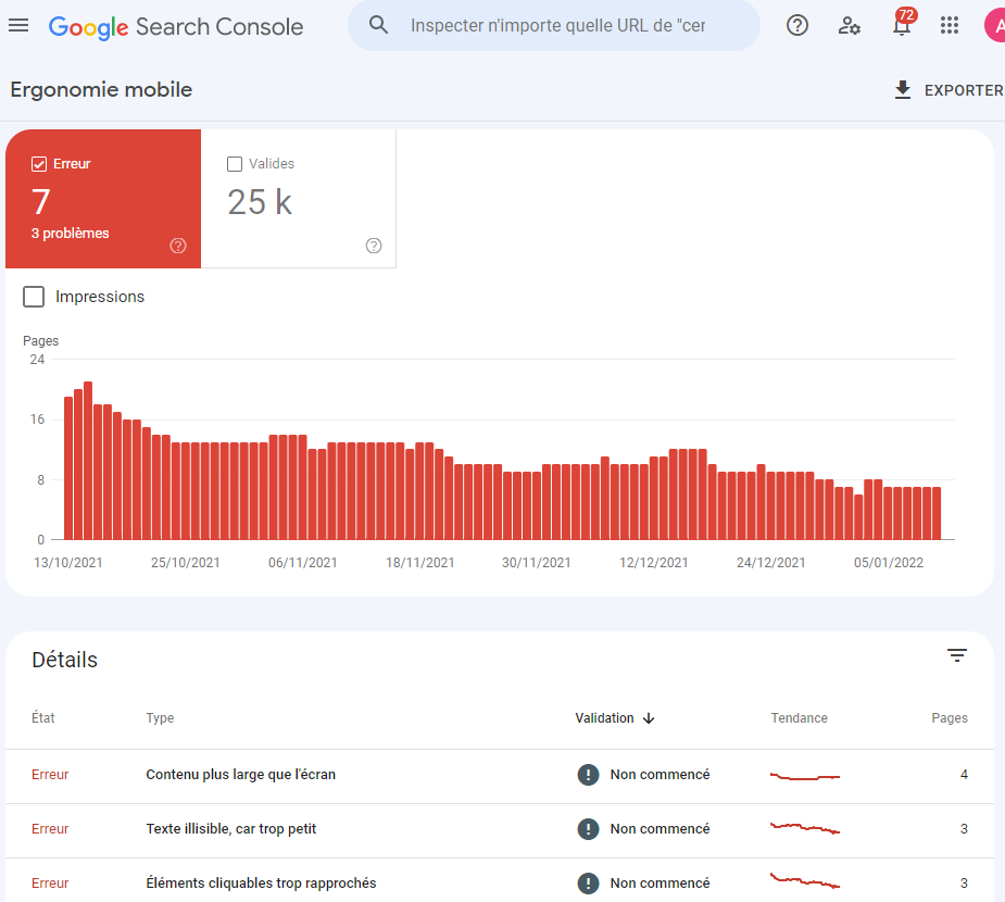 Search Console - Erreur d'ergonomie mobile