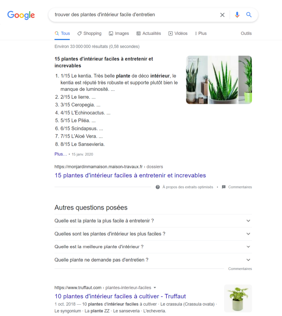 Featured snippet - Extrait SERP Google