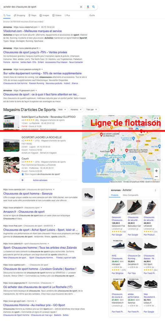 Page de résultats de Google pour "acheter des chaussures de sport"
