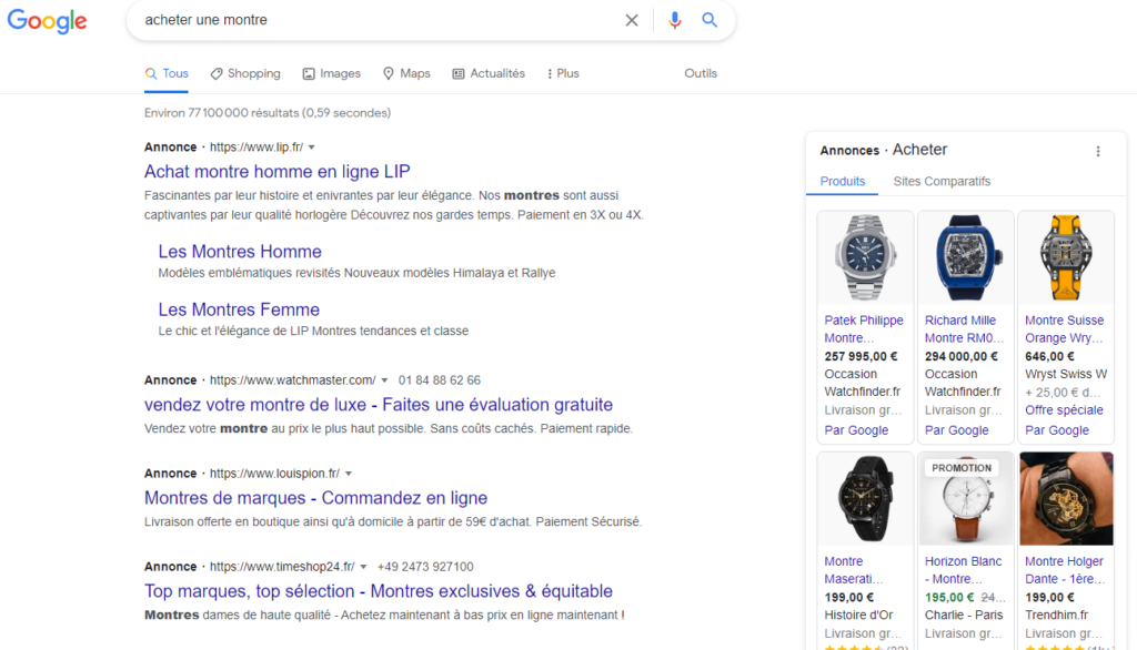 Premier écran de la SERP sur une requête transactionnelle - Google