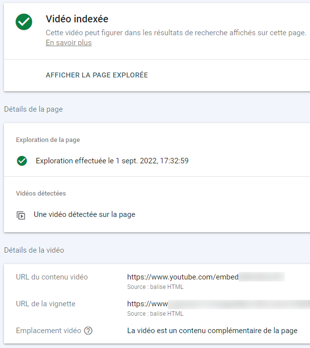 Google Search Console, vidéo indexée et hébergée sur la plate-forme YouTube