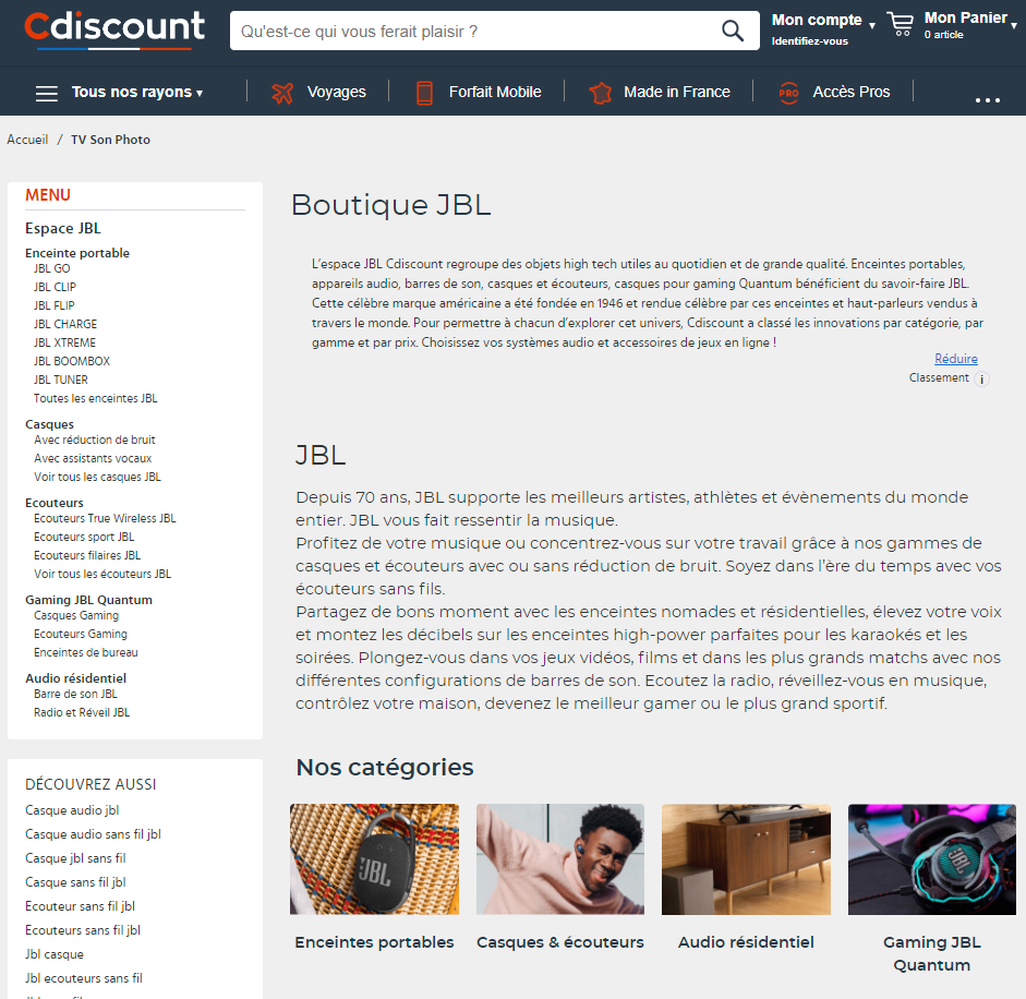 Page marque JBL sur le site Cdiscount