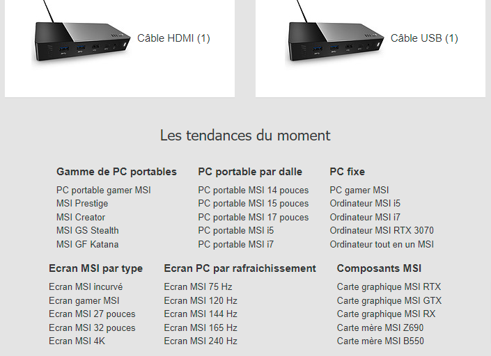 Page marque MSI sur le site e-commerce materiel.net