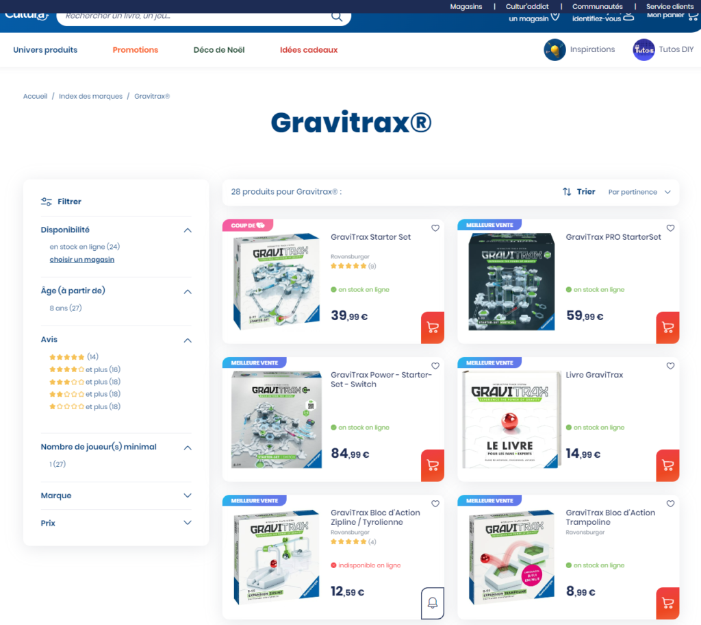 Page listing filtrée Gravitax sur le site Cultura.com