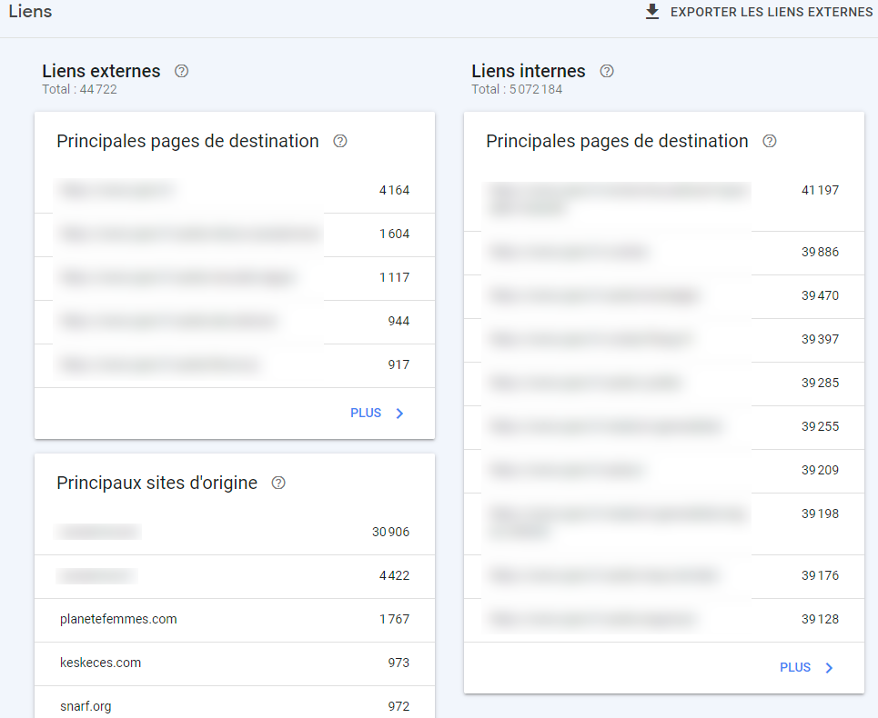 Page Liens de la Google Search Console