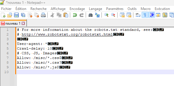 Les caractères CR LF affichés dans Notepad++